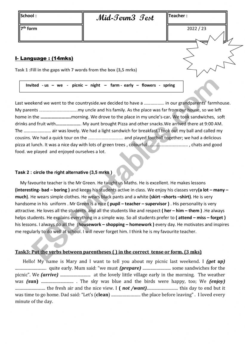mid term 3 test worksheet