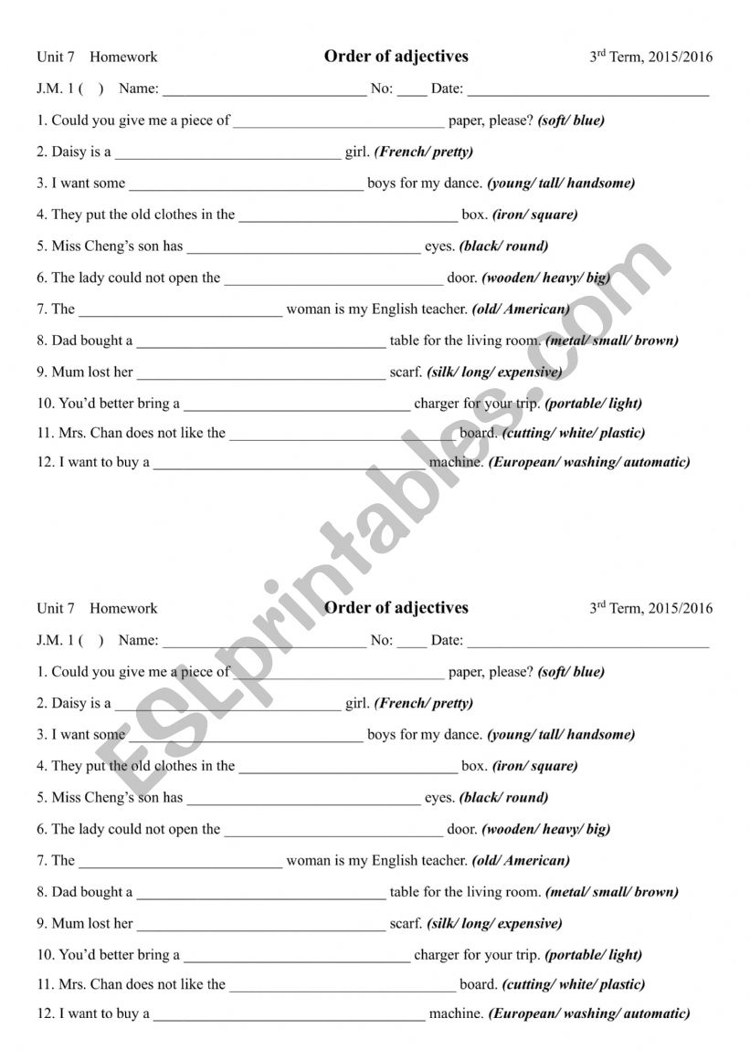 order of adjectives worksheet
