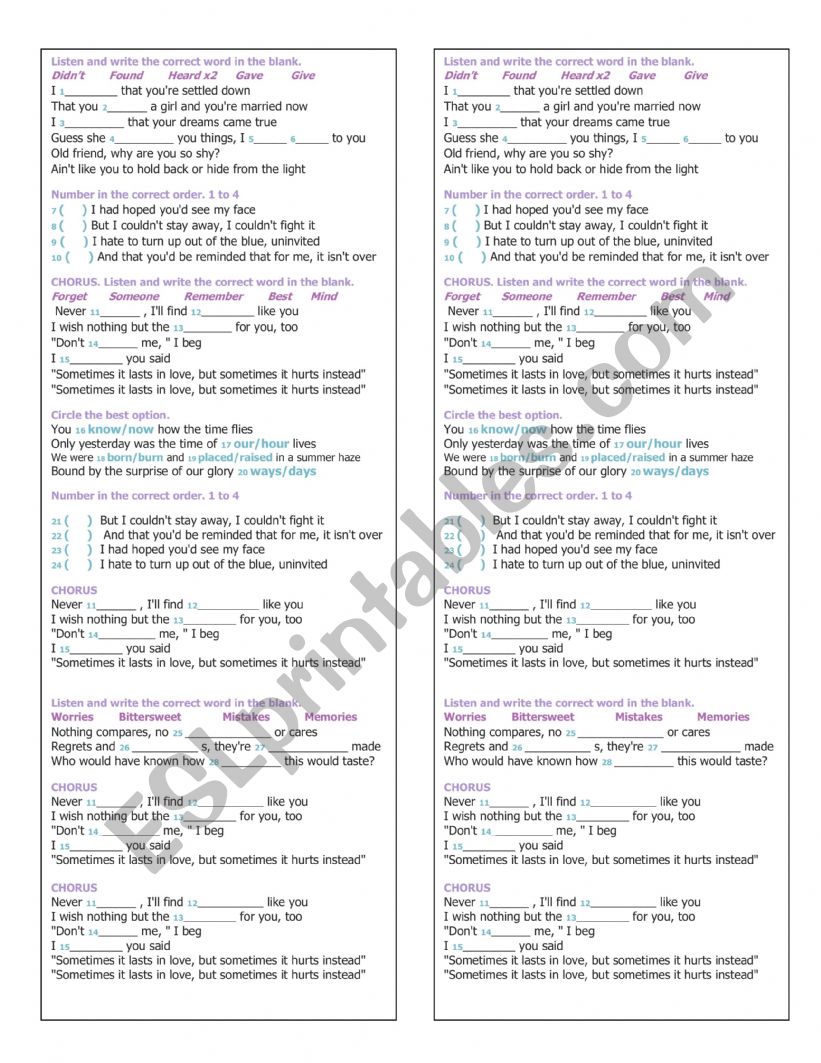 Adele Someone Like You worksheet