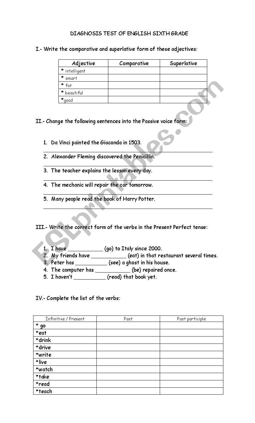 Diagnosis English Exam Sixth Grade Elementary School