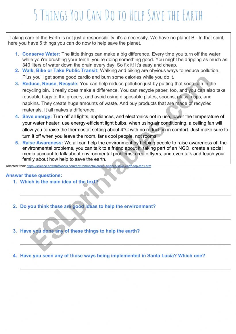 Save the earth worksheet