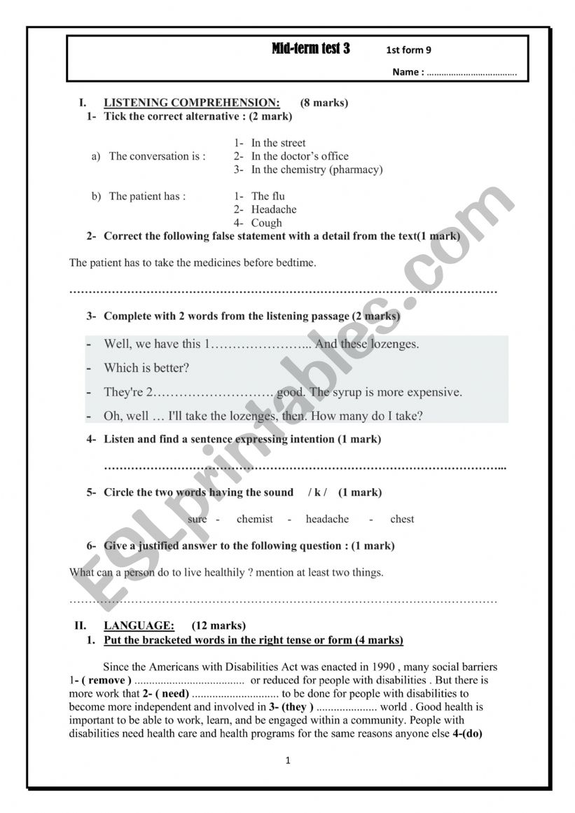 mid-term test 3 1st form worksheet