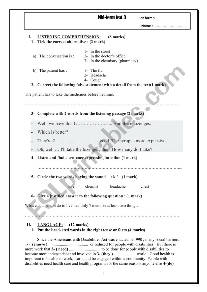 mid-term test 3 1st form worksheet