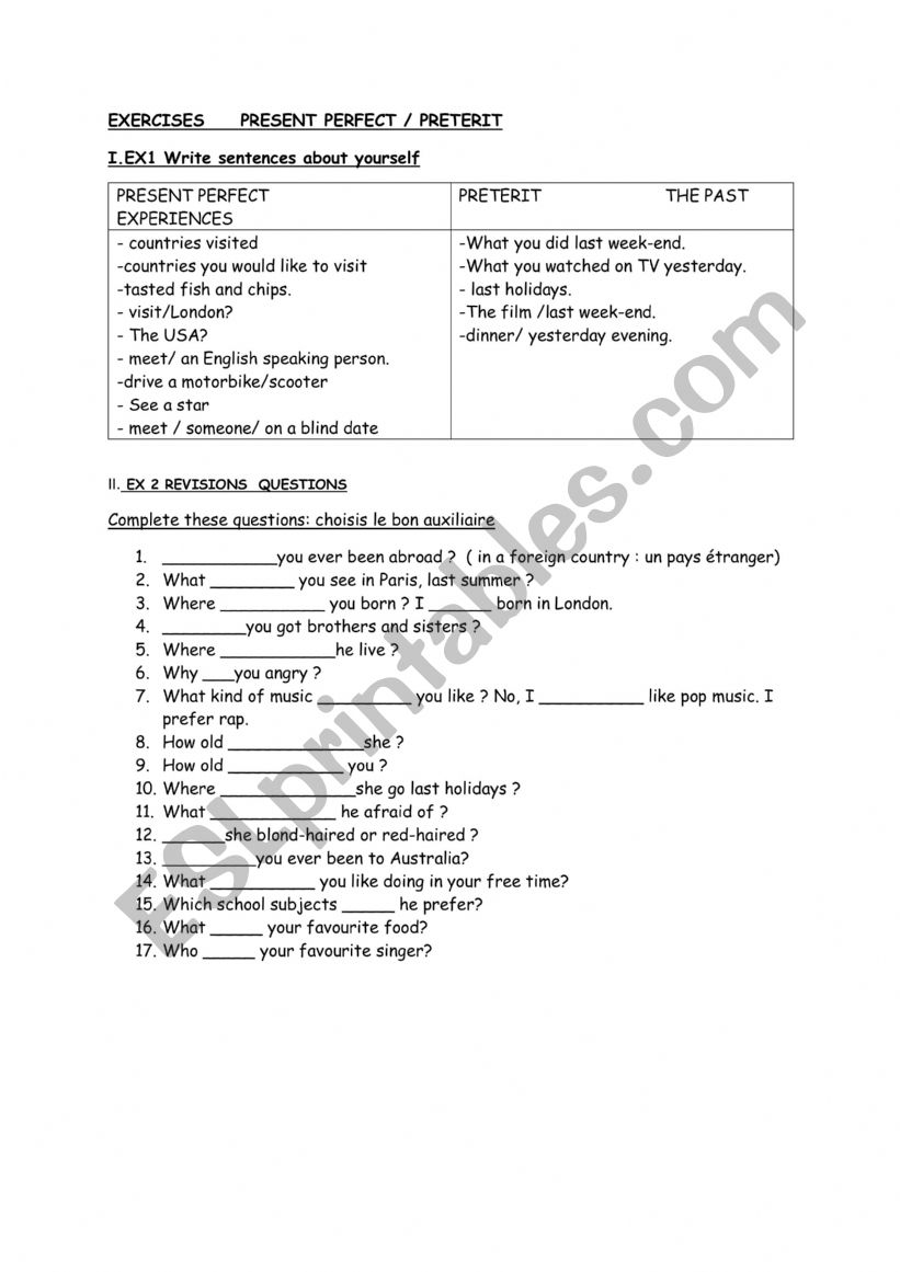 questions on present perfect  worksheet
