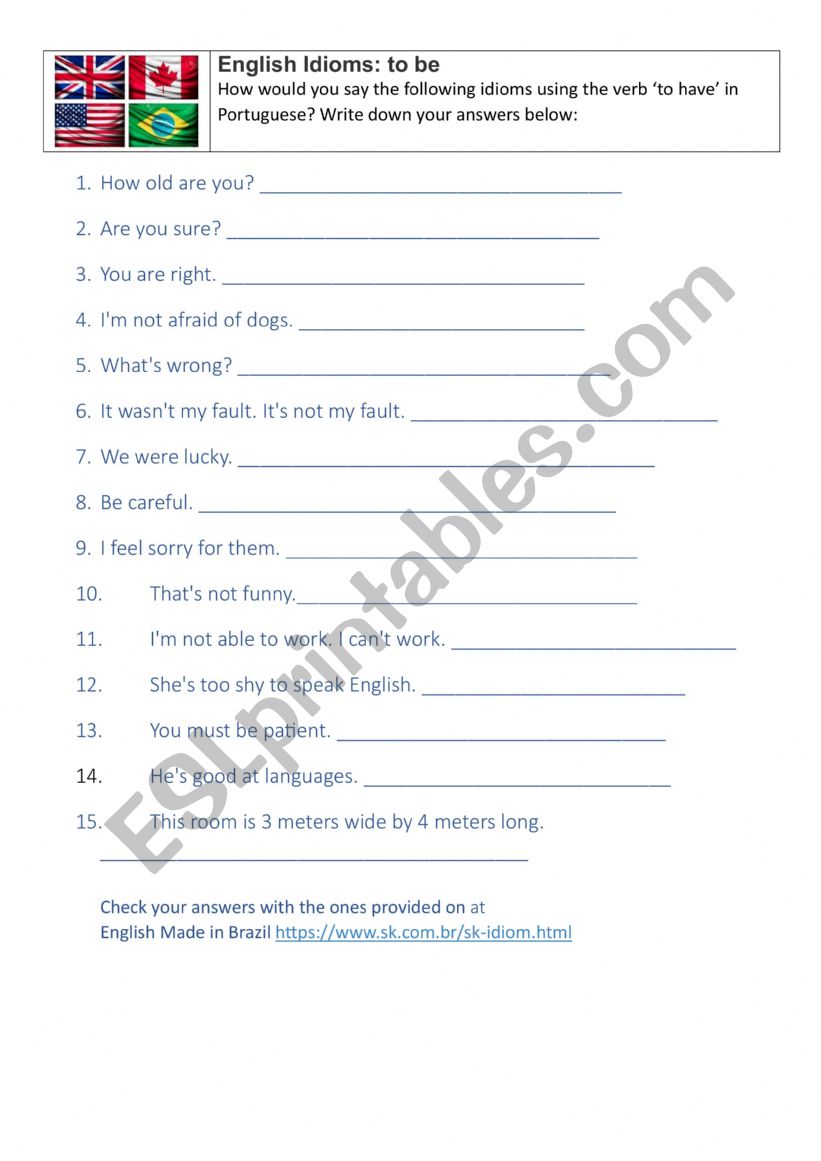 English Idioms verb to be  worksheet