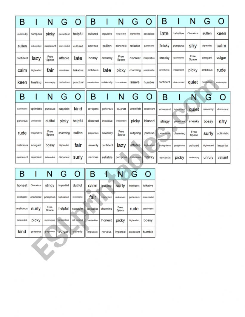 Personality traits Bingo worksheet