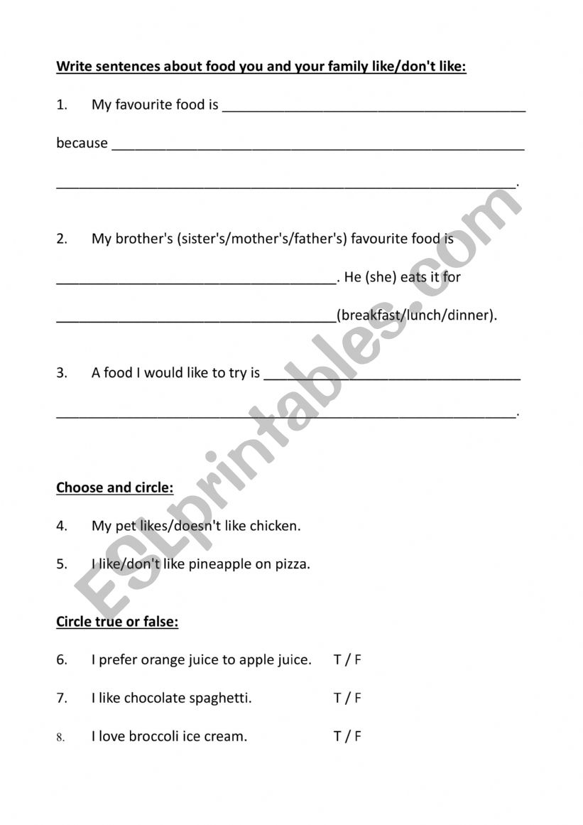 A1 Movers food Worksheet questions