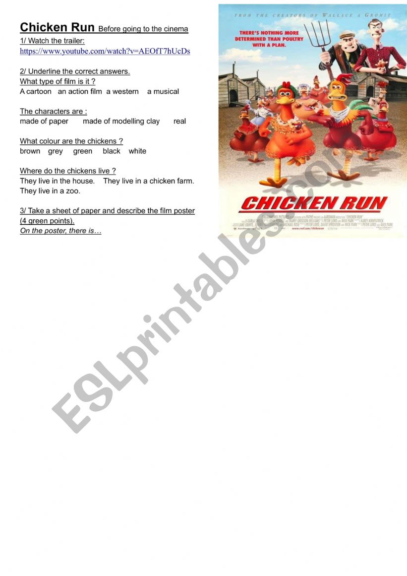 Chicken Run before the film worksheet