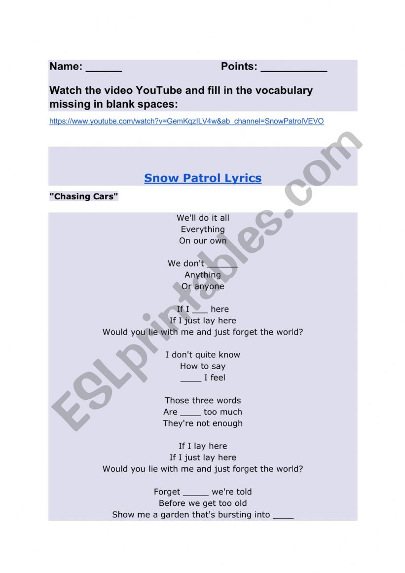 Snow Patrol Chasing Cars worksheet