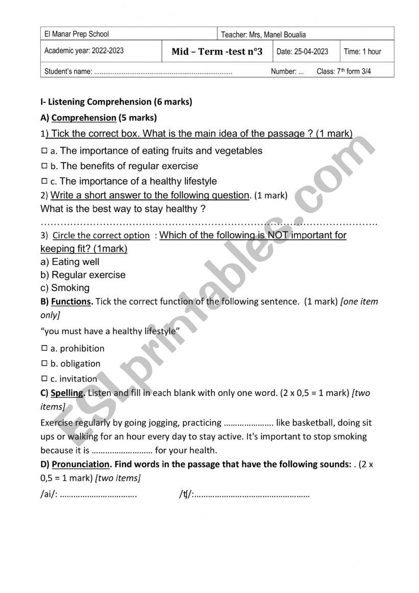 Mid -term -test 3 7th form worksheet