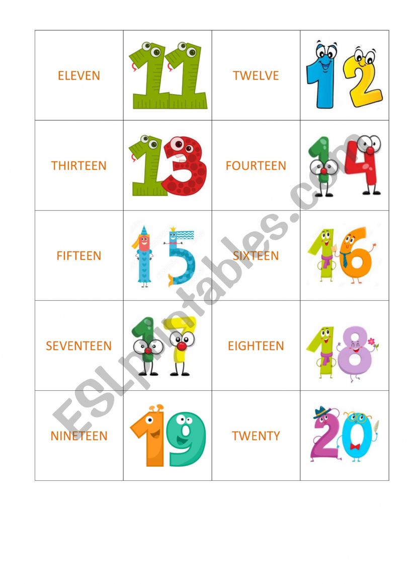 Memory game - numbers 11 to 20