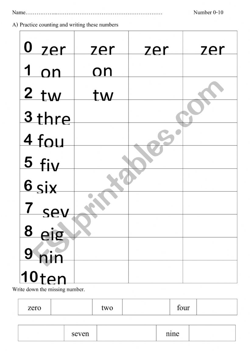 Numbers 0 to 10 worksheet