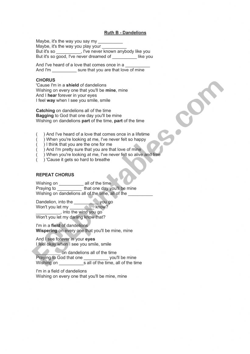 Ruth B - Dandelions worksheet