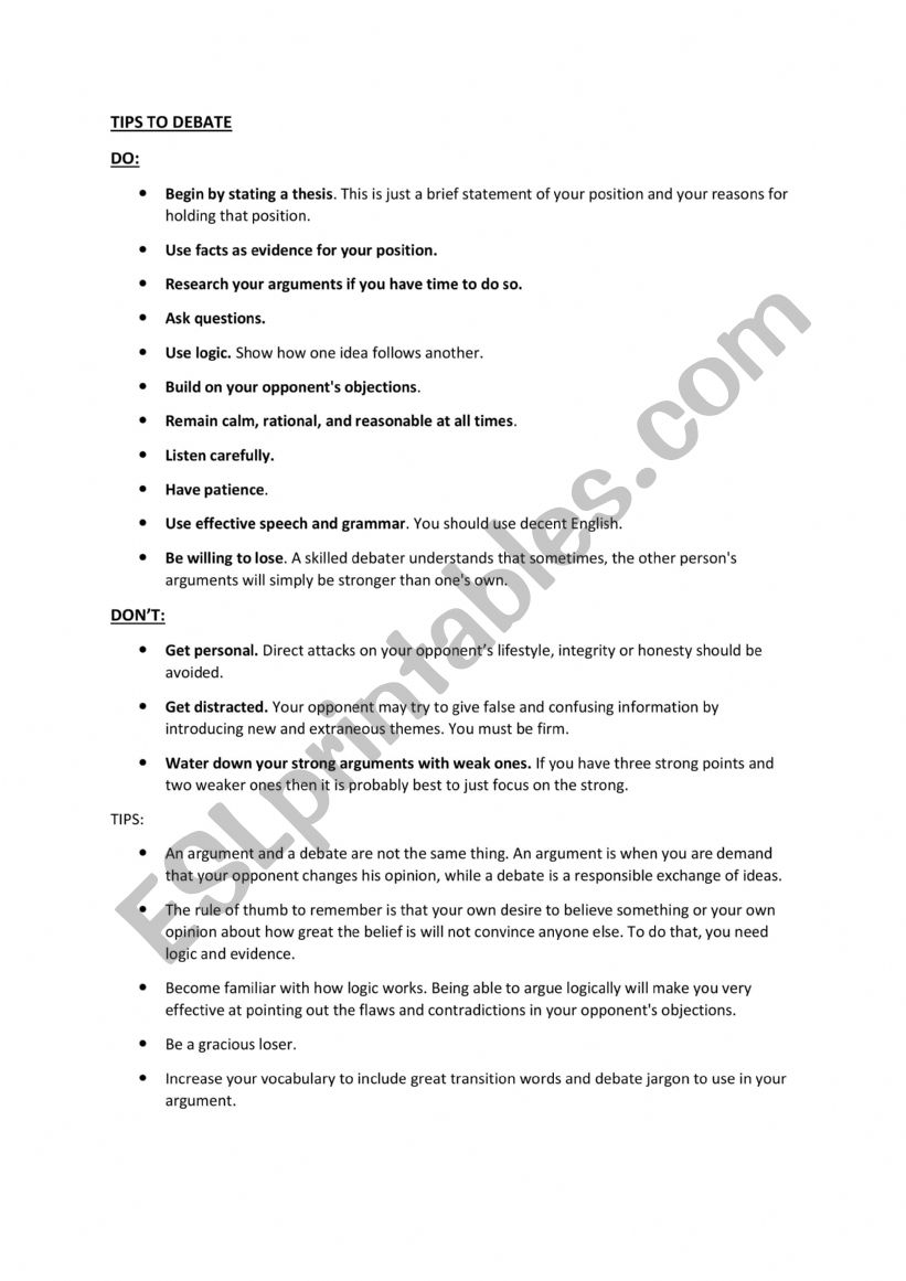 tips to debate worksheet