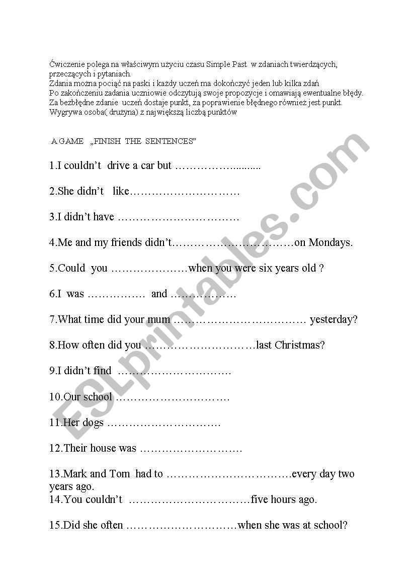 Finish the sentences worksheet