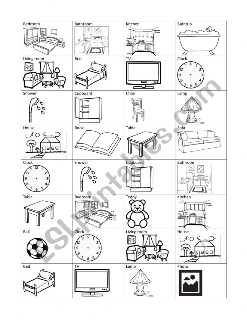 house rooms and items bingo worksheet