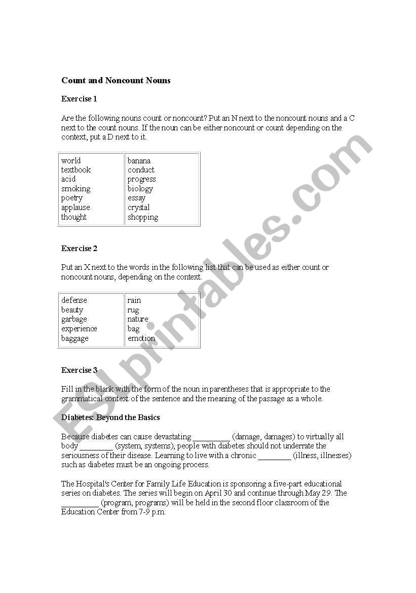 count and non count nouns worksheet