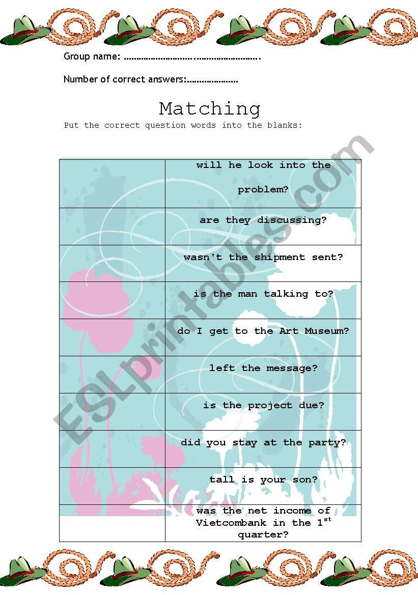 Question words, matching activity