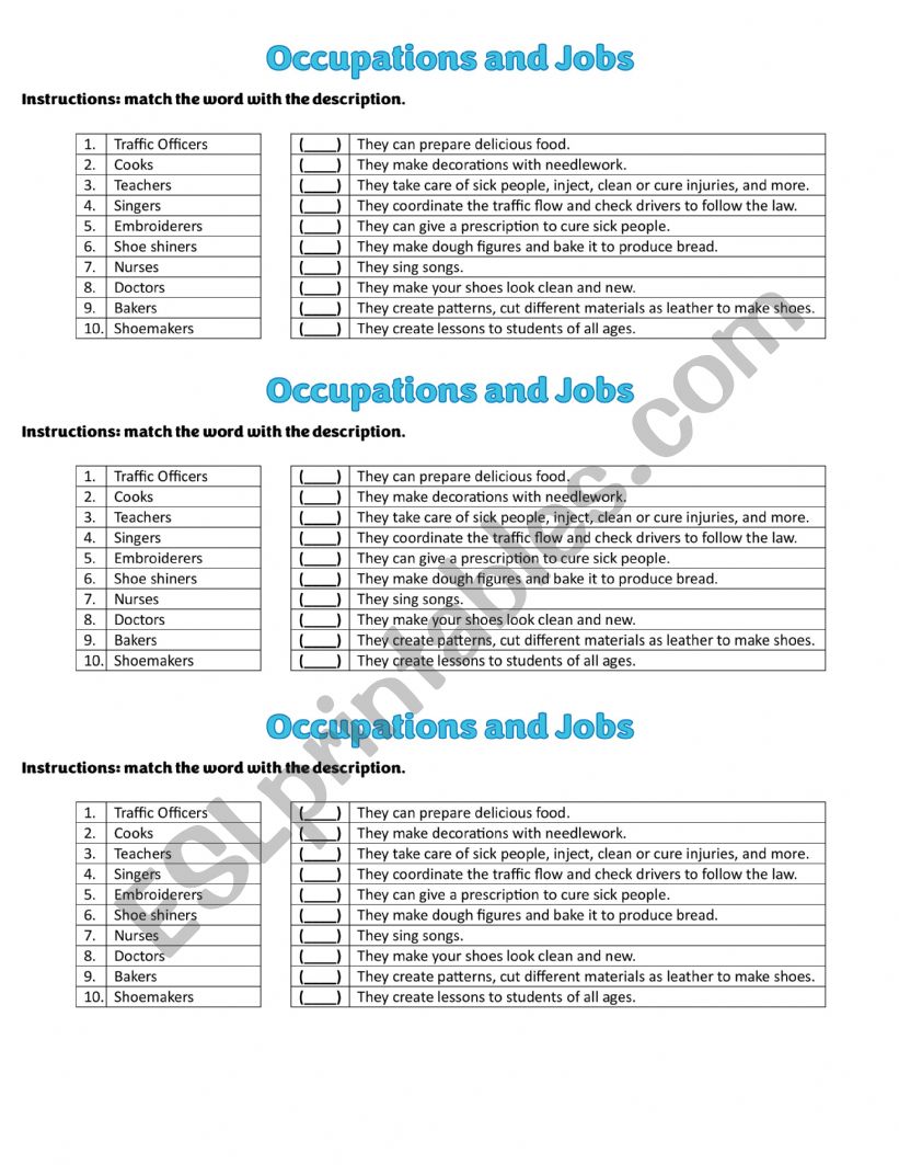 Occupations and jobs matching exercise