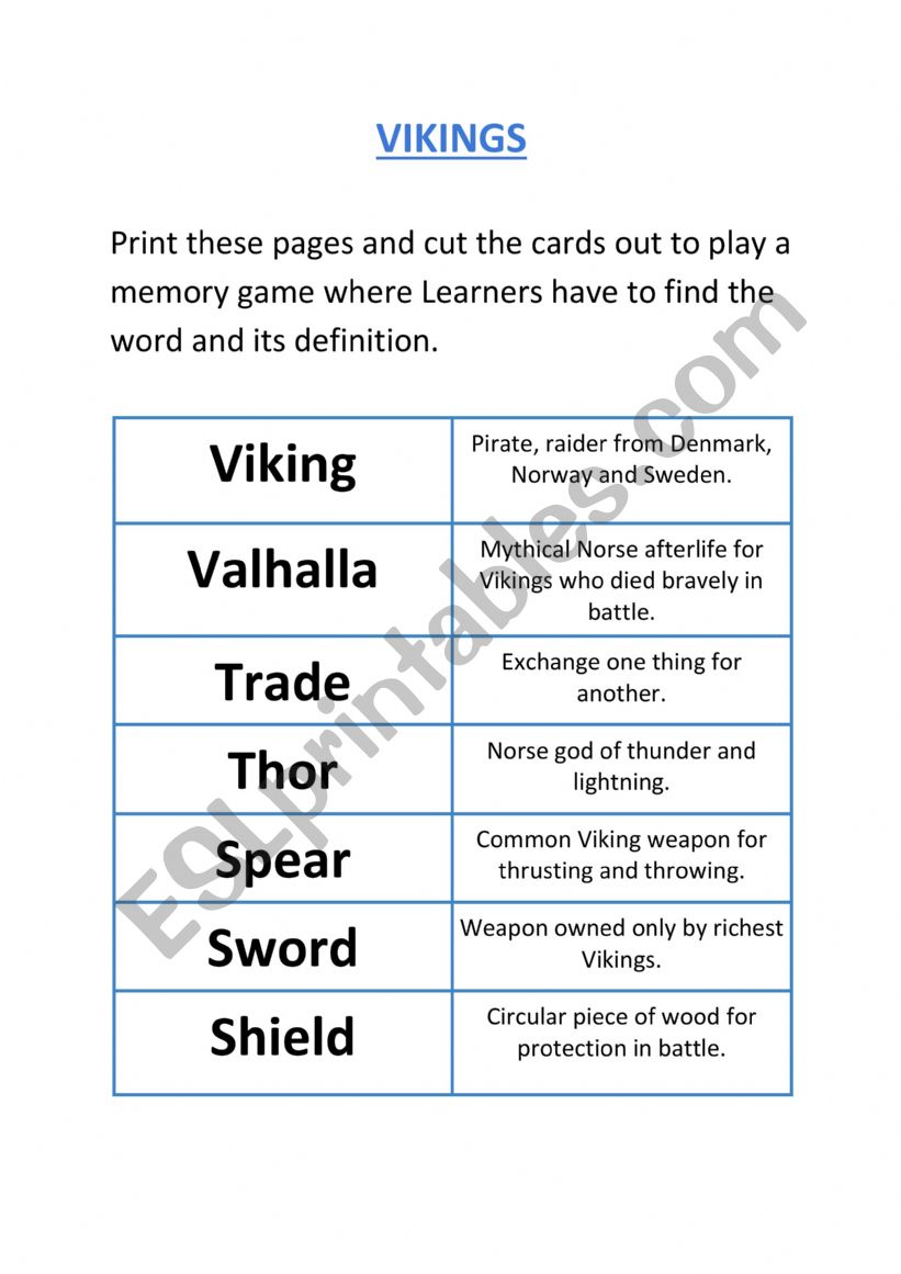 Vikings vocabulary worksheet