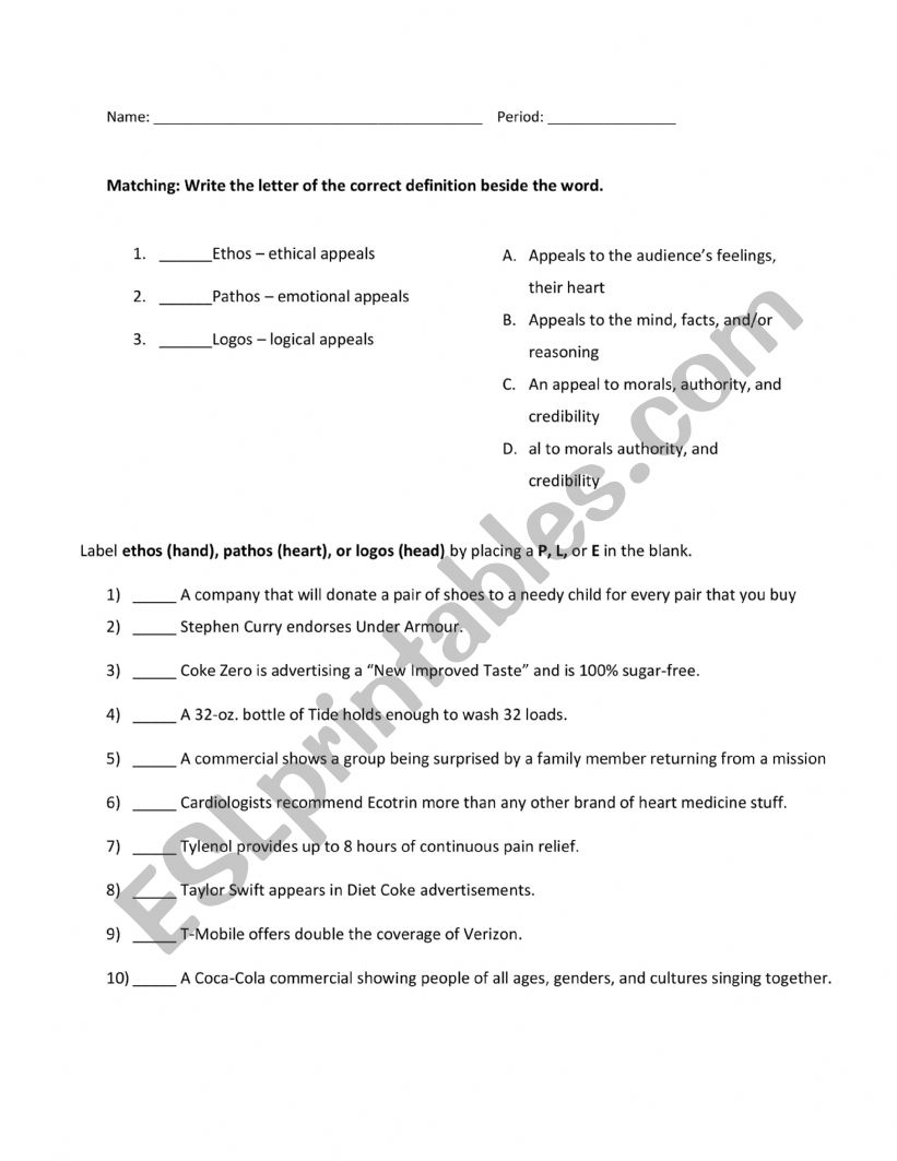 Ethos, pathos and logos quiz worksheet