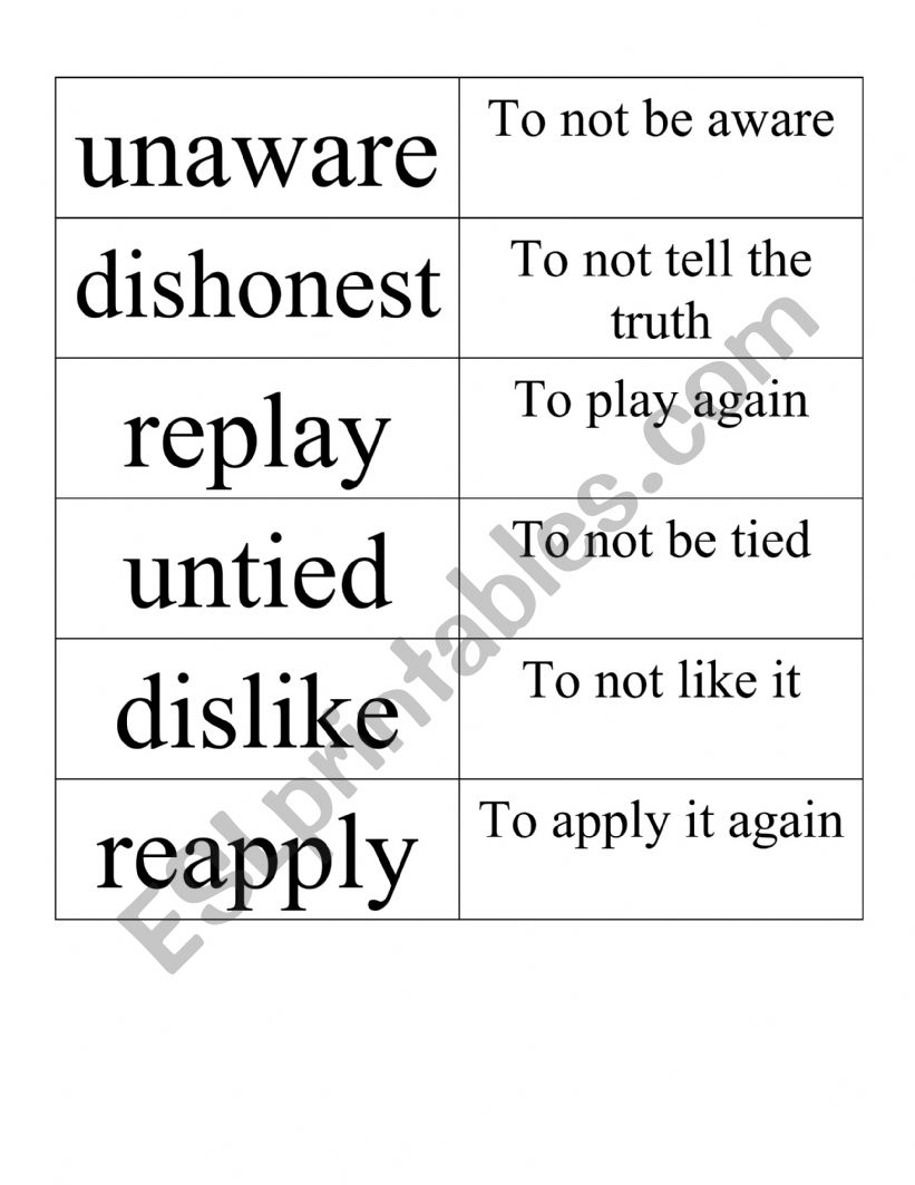 Prefixes Memory Game worksheet
