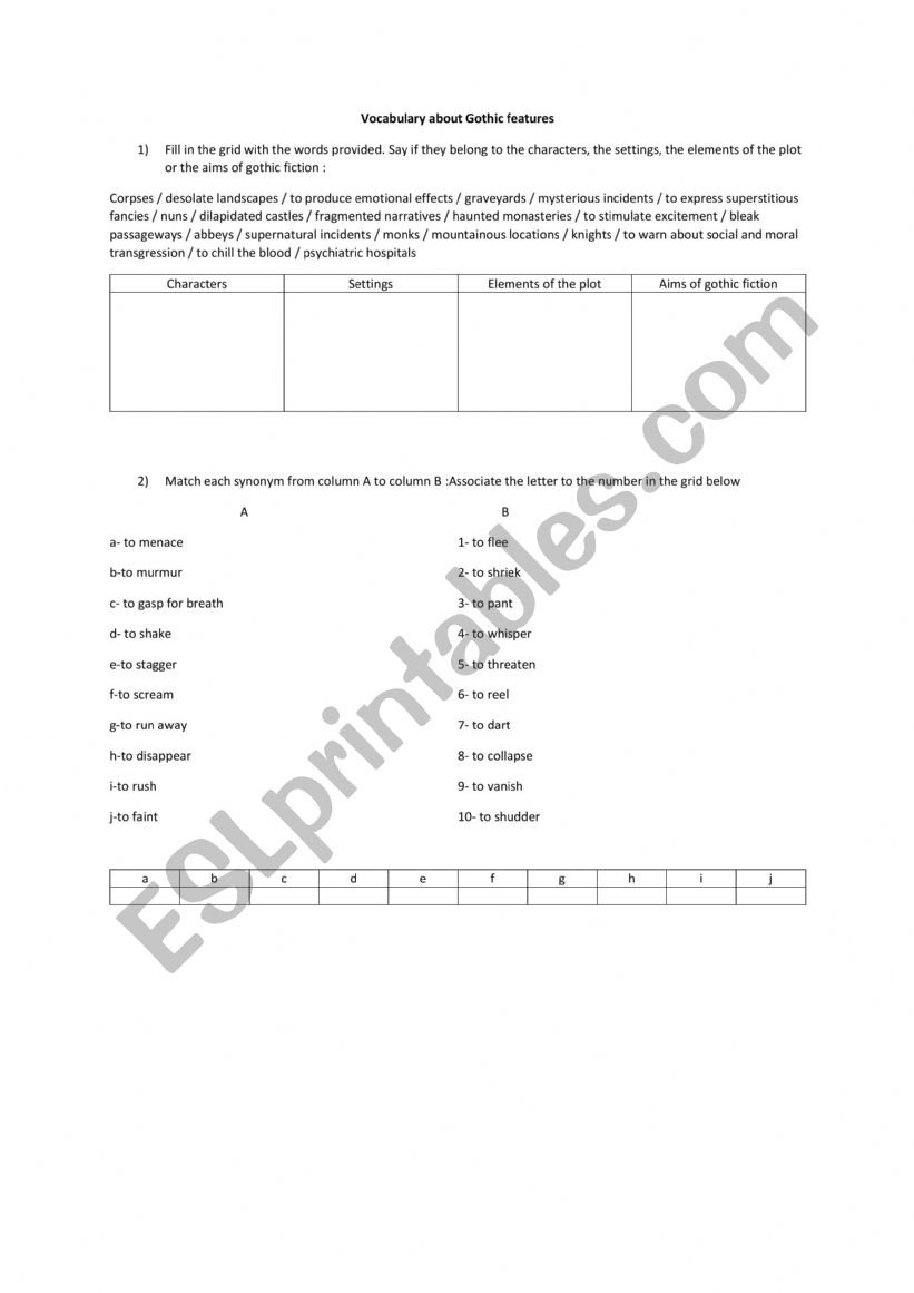 Gothic features worksheet
