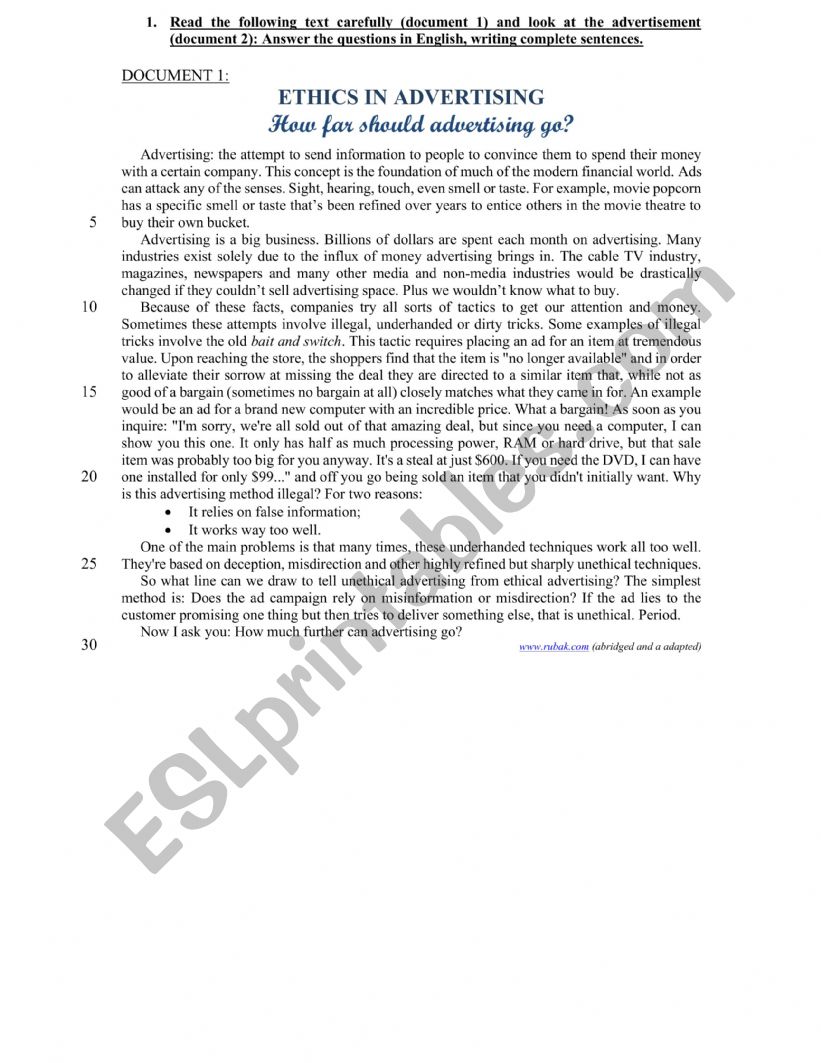Ethics and advertising worksheet