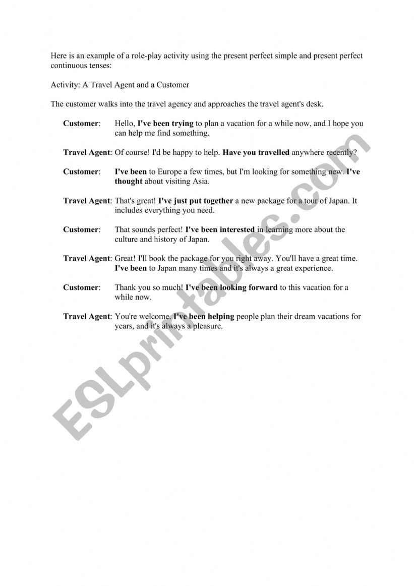 Present Perfect and Present Perfect Continuous Role Play Activity