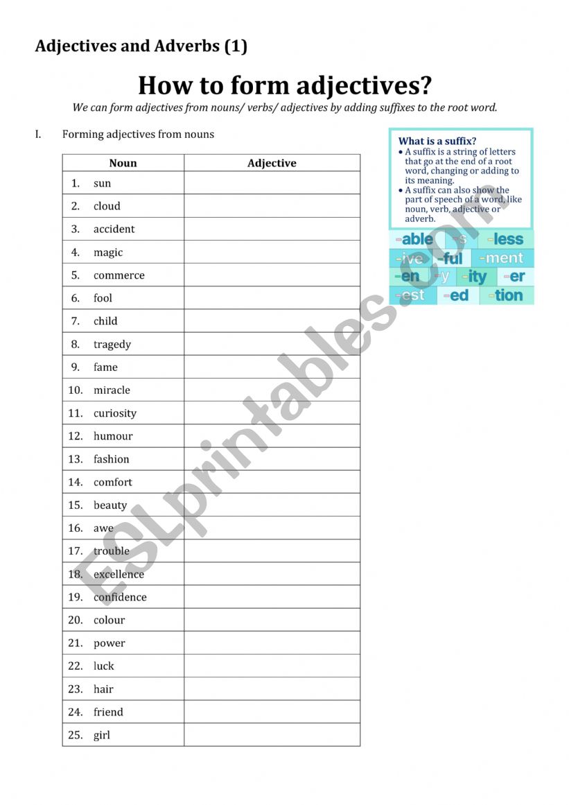 Formation of Adjectives  worksheet