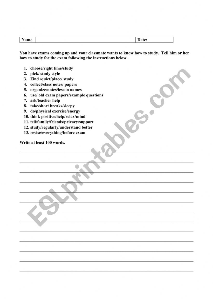 Writing Instructions worksheet