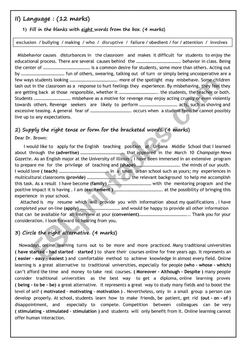 mid term 3  third year test worksheet