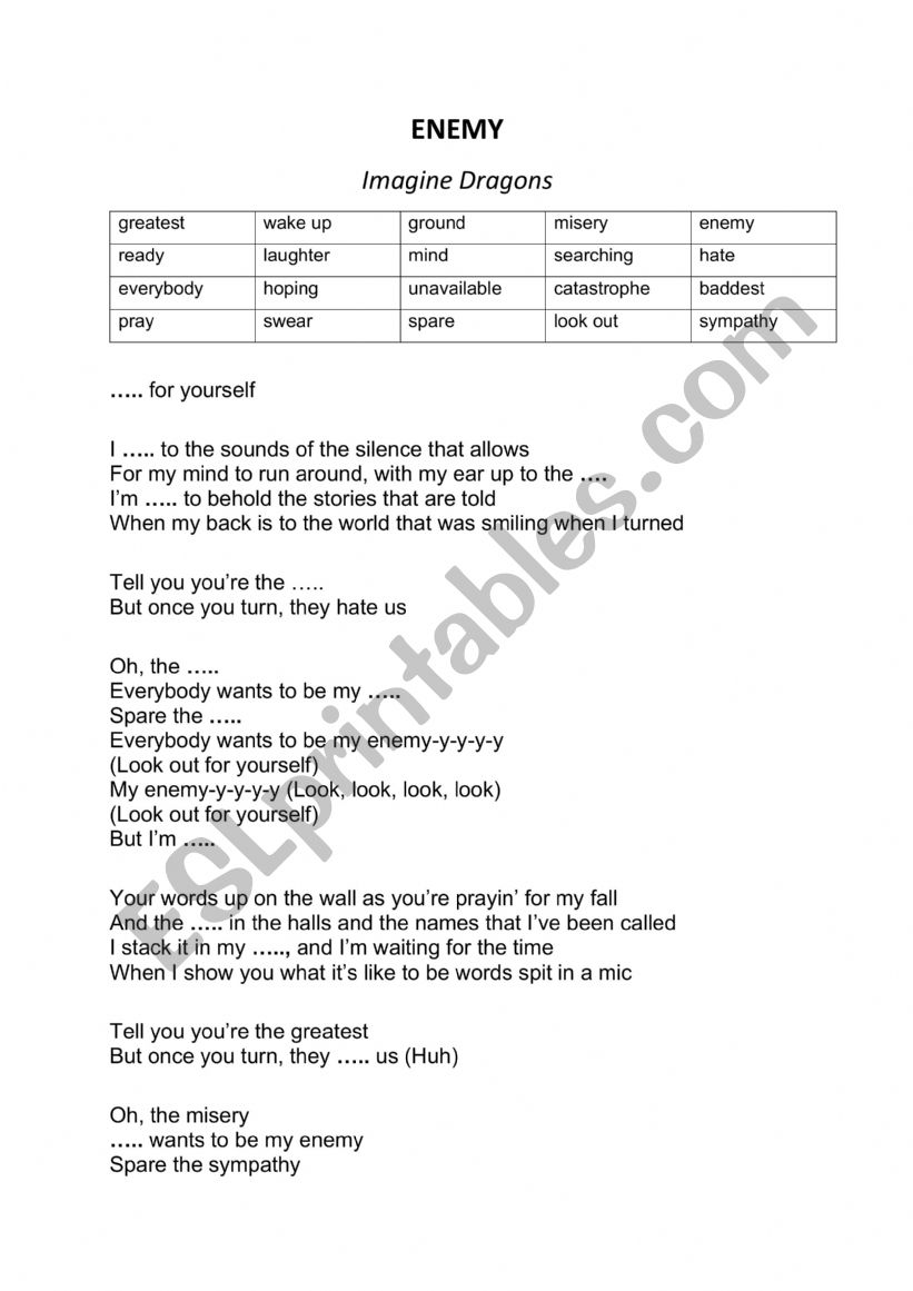 Imagine Dragons - Enemy Worksheet