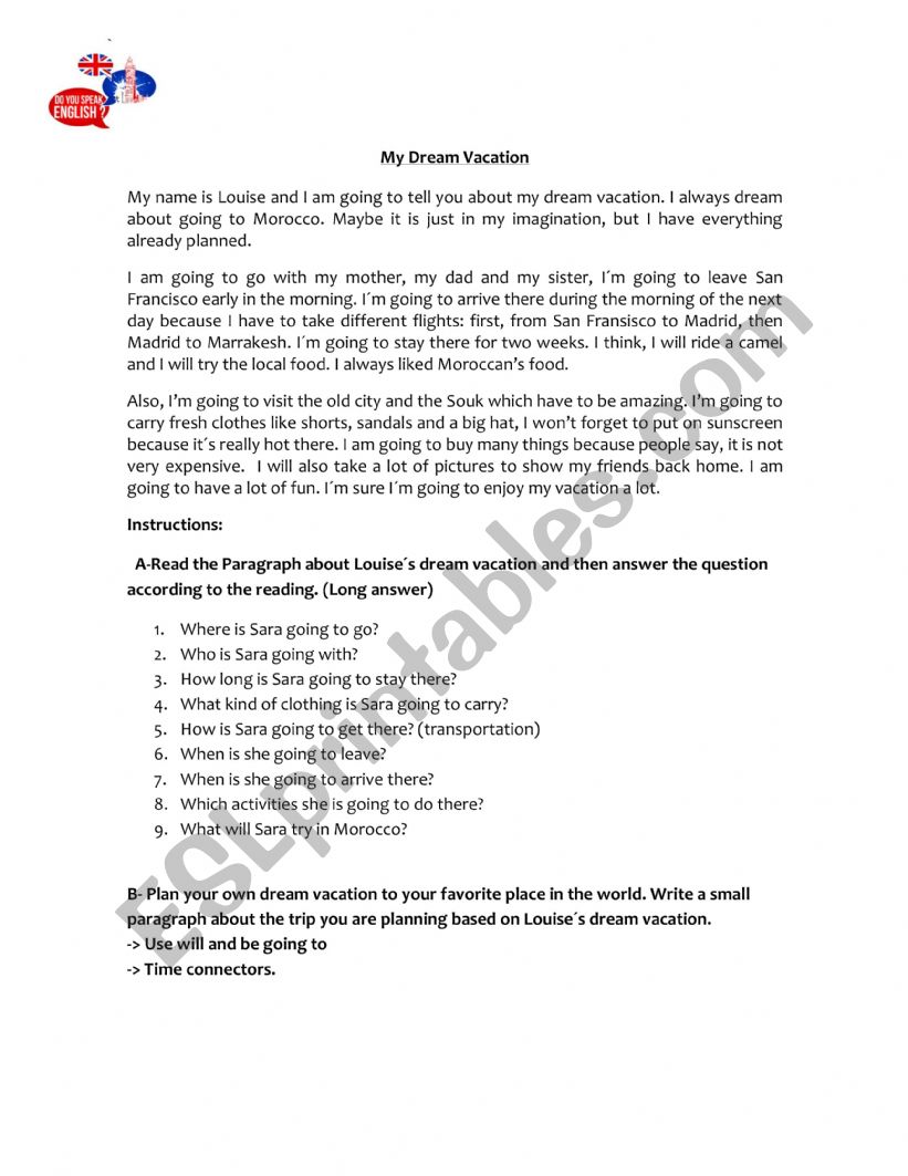 My dream vacation worksheet