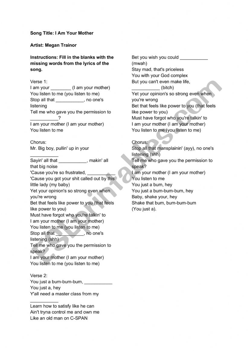 Son Mother By Meghan Trainor  worksheet