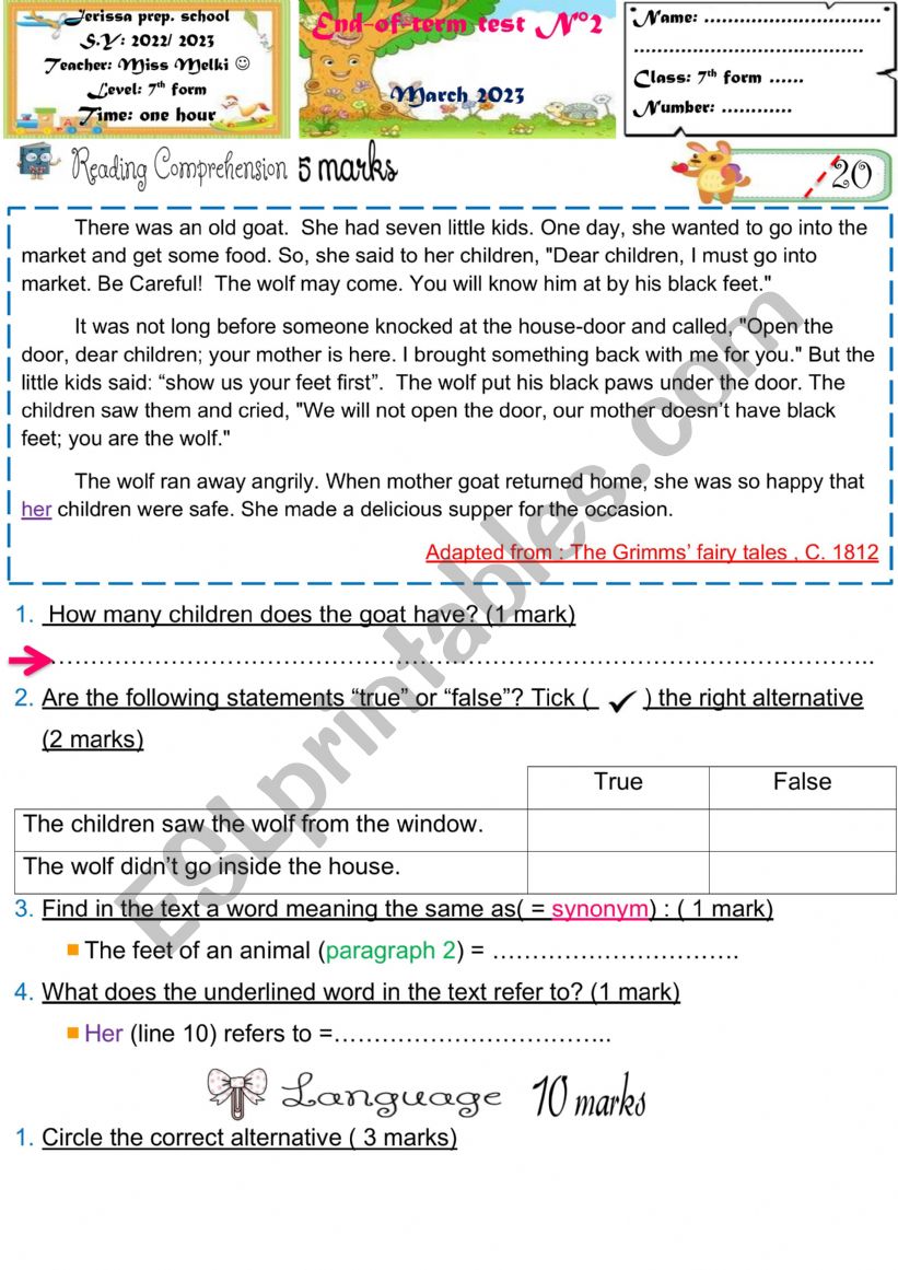 End term 2 7th form worksheet