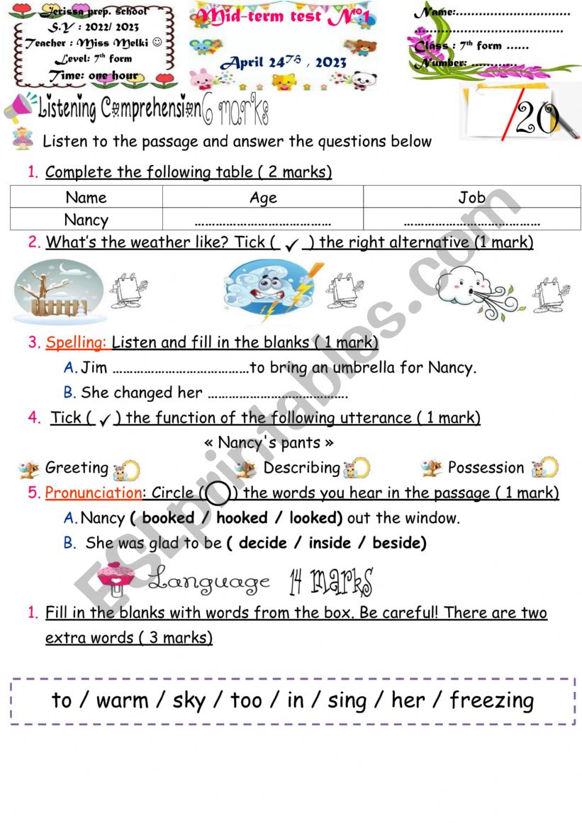 Mid term test 3 7th form worksheet
