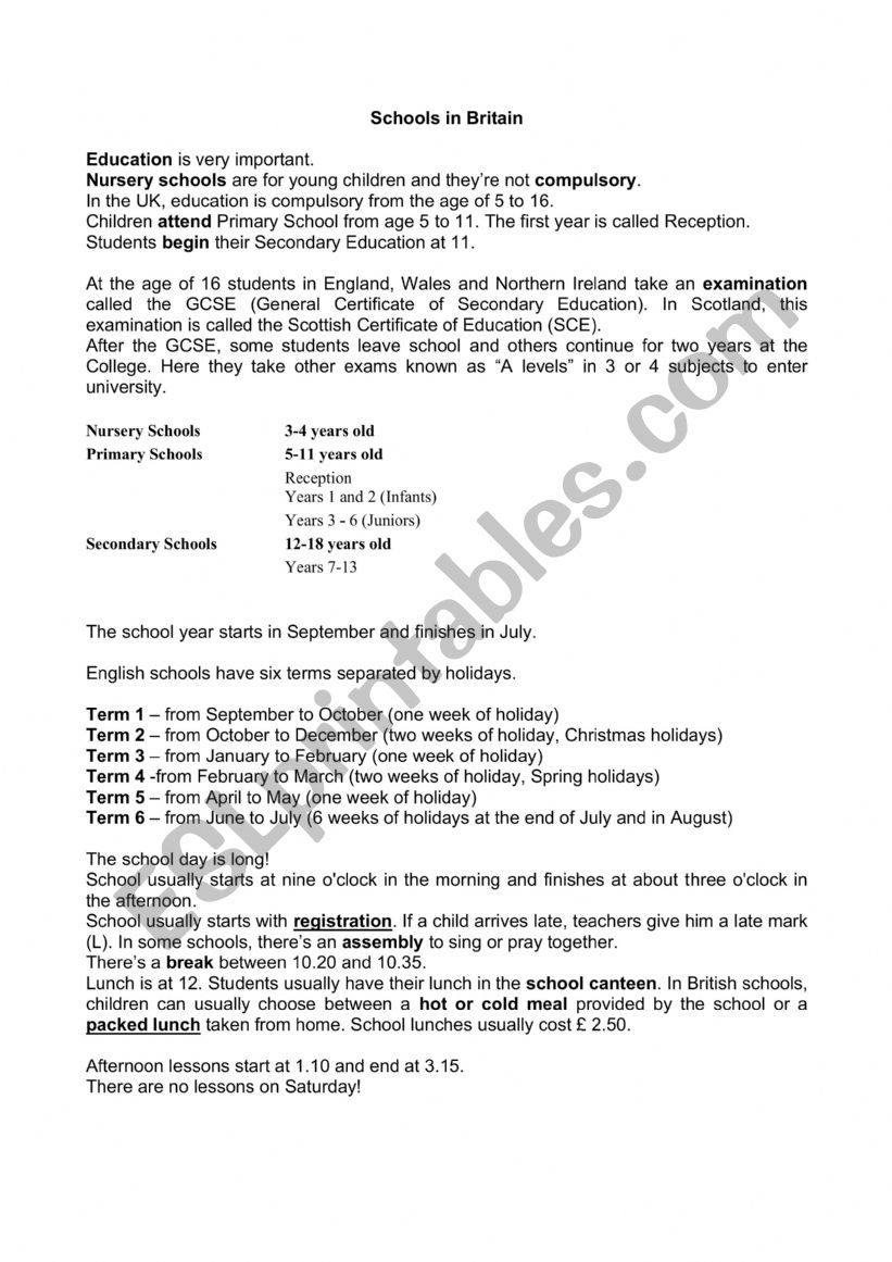 Schools in Britain worksheet