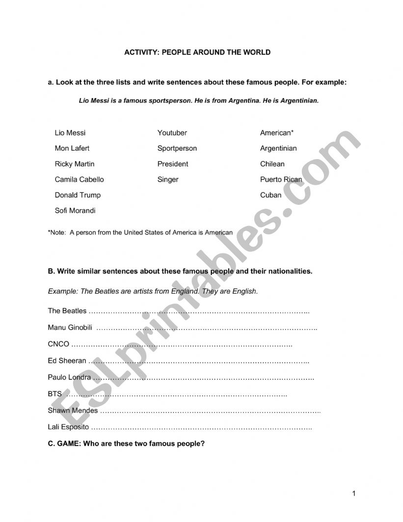 People around the world worksheet