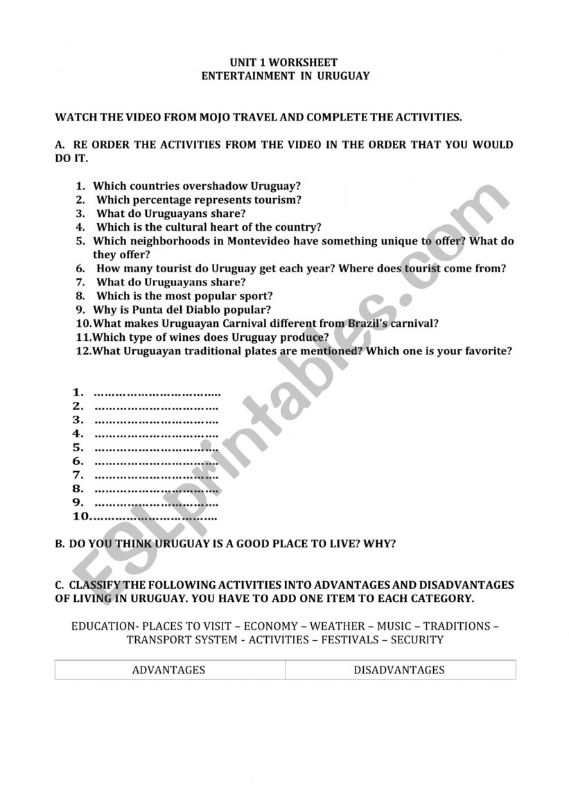 OUR COUNTRY : URUGUAY worksheet
