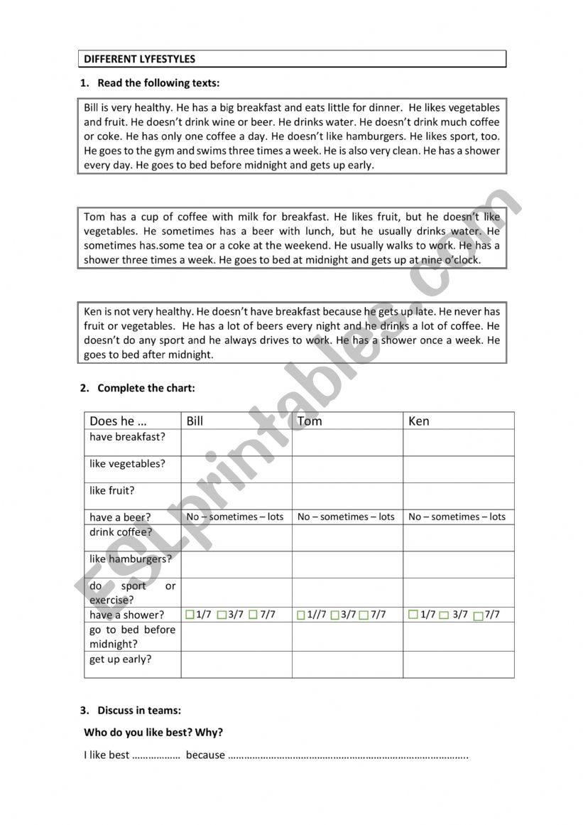 Different lifestyles worksheet