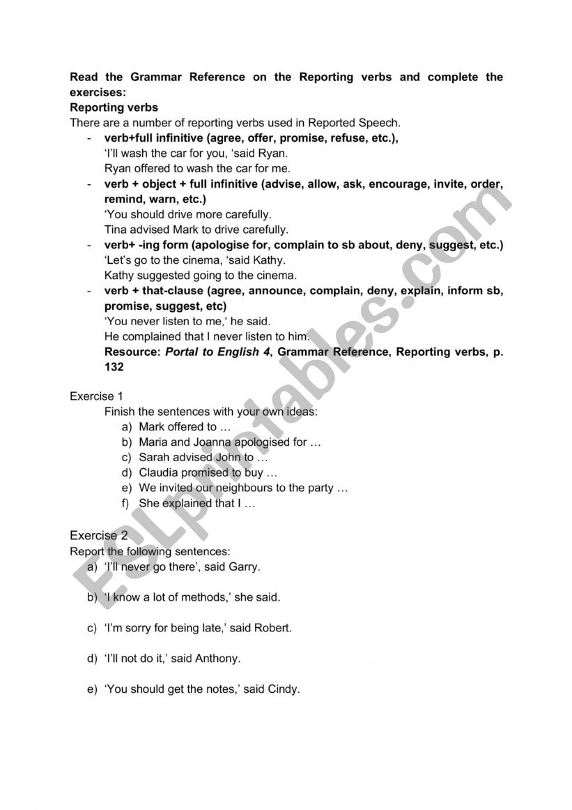 Reporting verbs worksheet