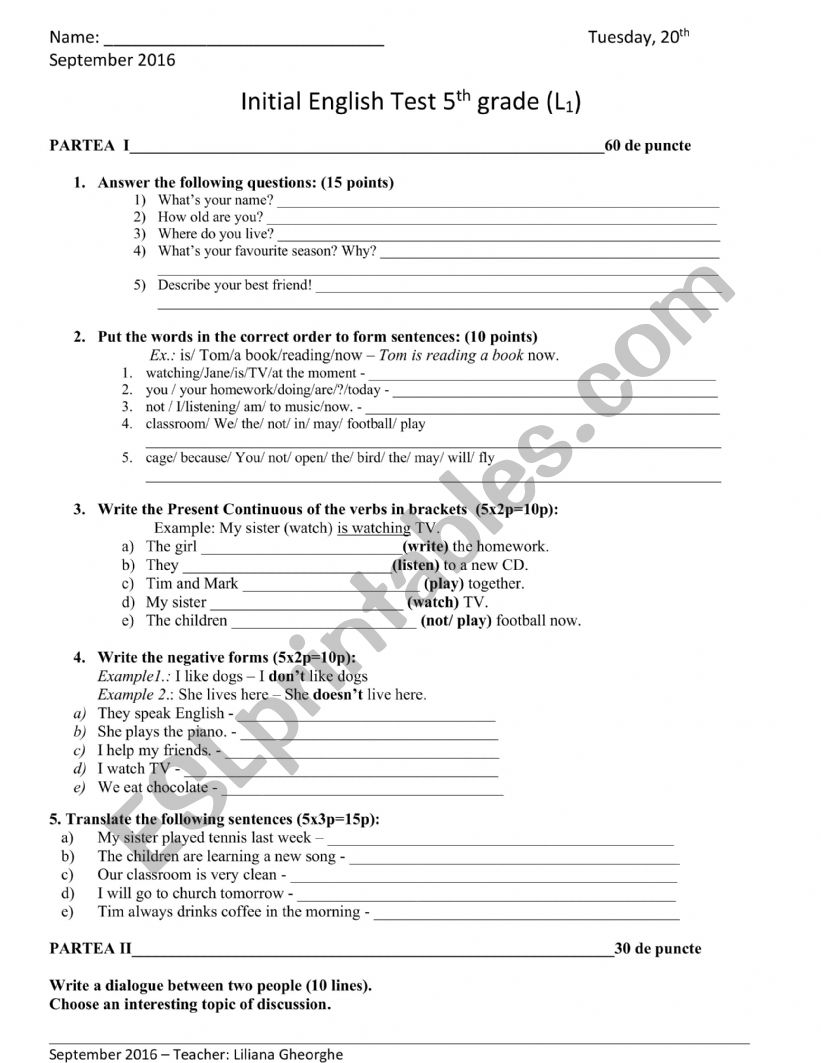 test 5th grade worksheet