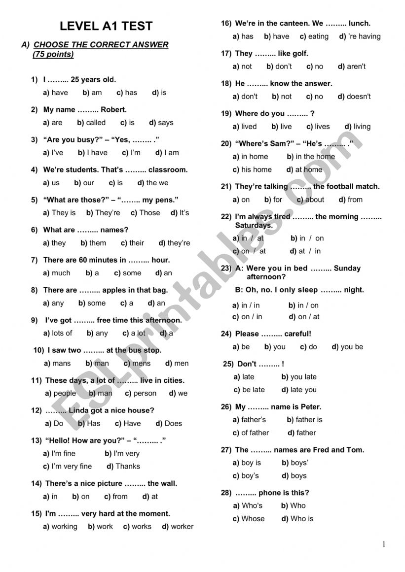 Placement test  worksheet