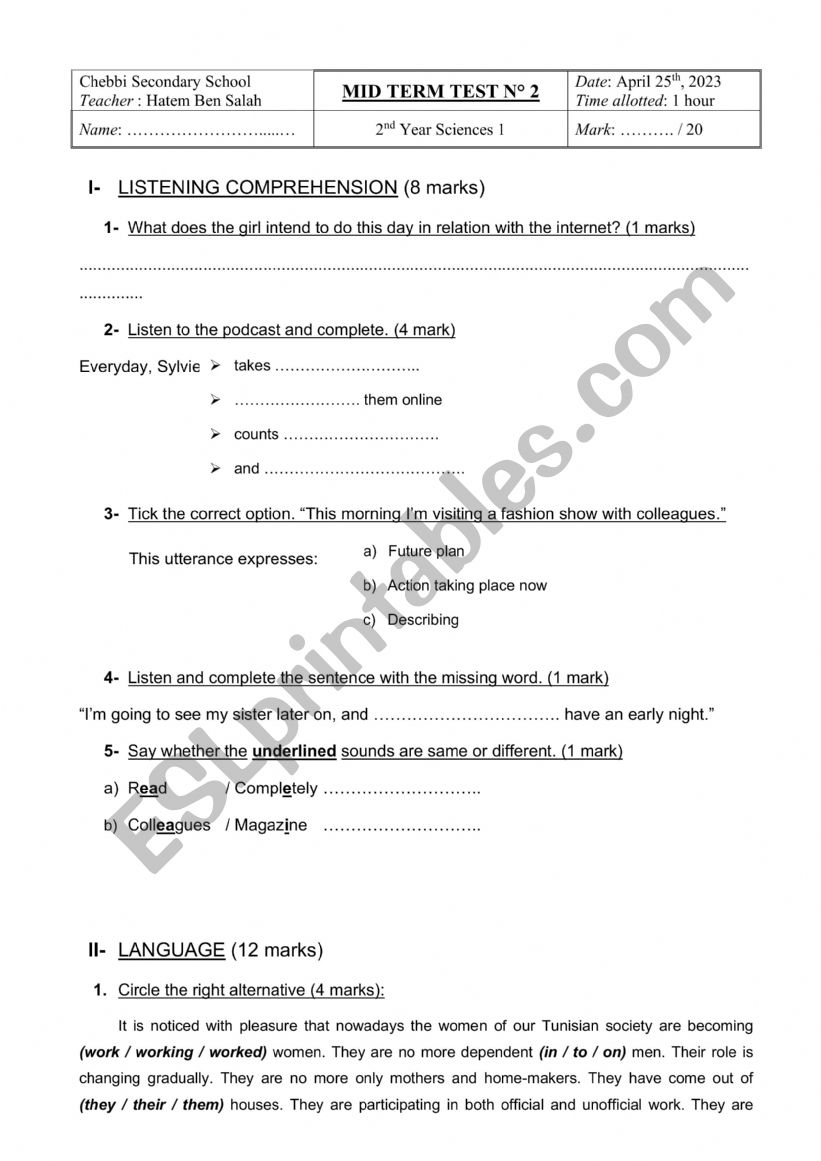 Mid term test 3 second year  worksheet