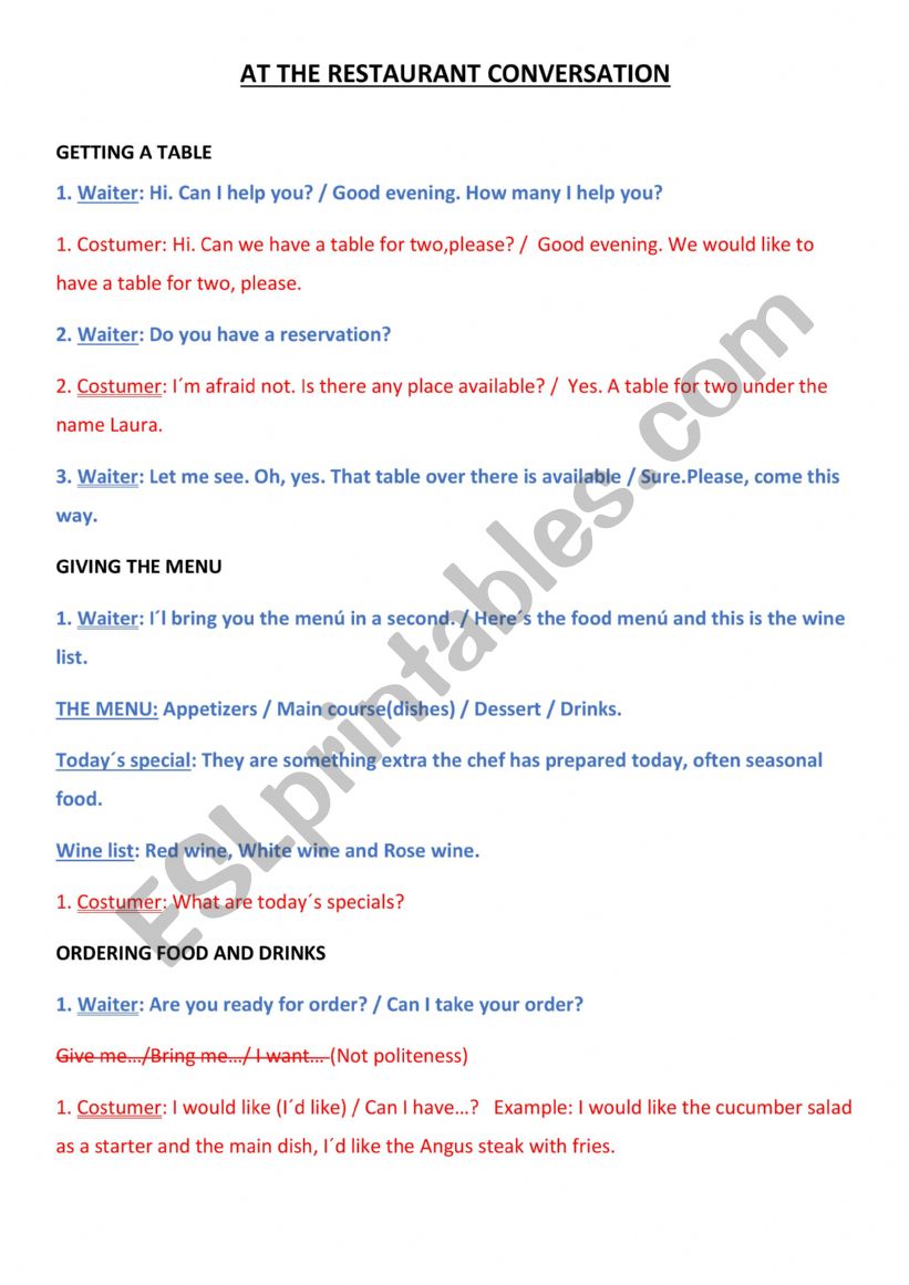At the restaurant worksheet