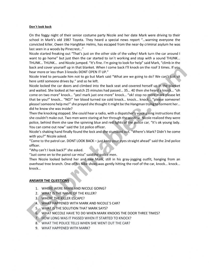 DONÂ´T LOOK BACK STORY worksheet