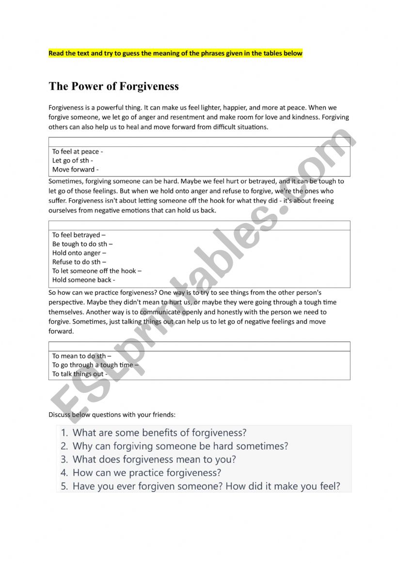 Forgiveness worksheet