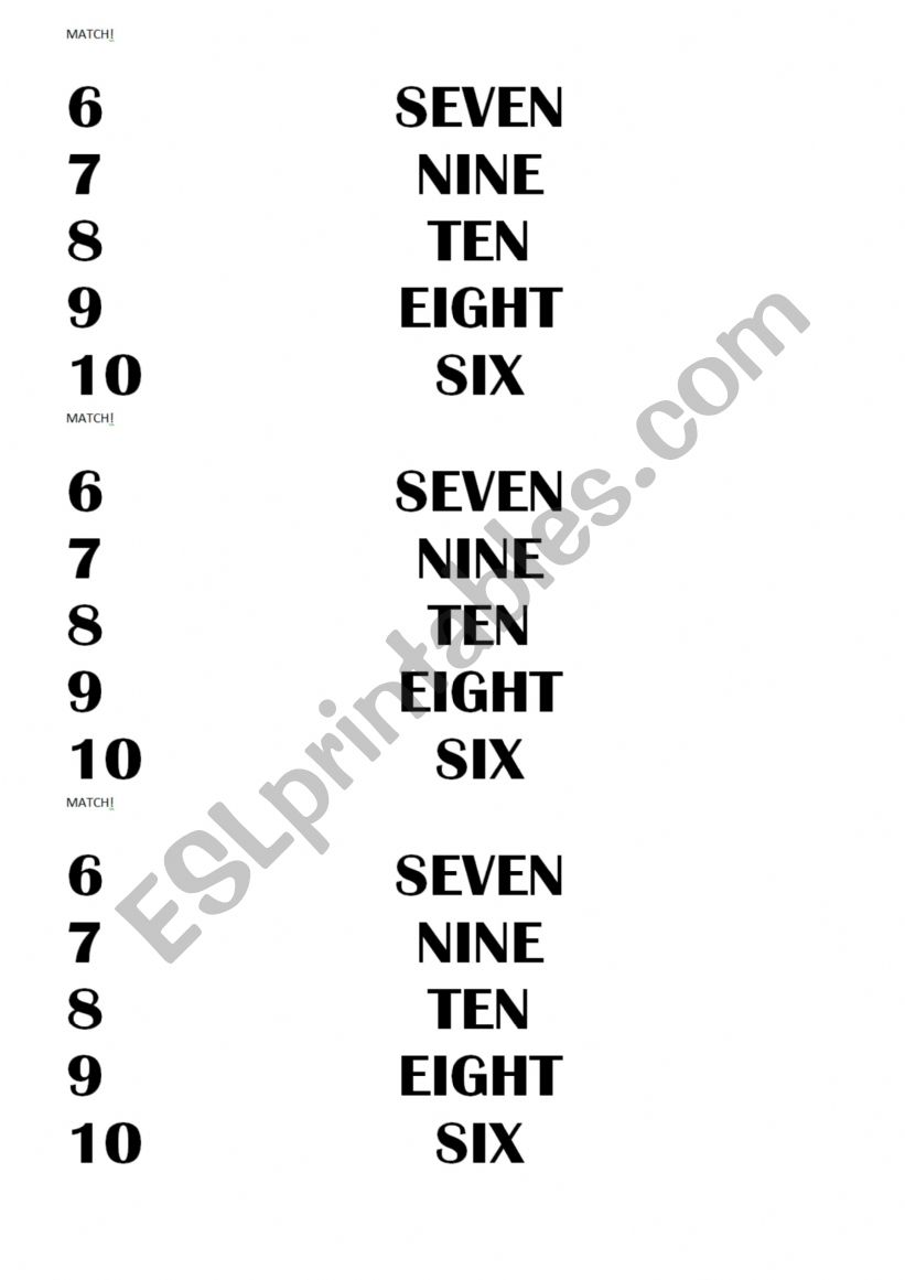 Match Numbers 6 - 10 worksheet