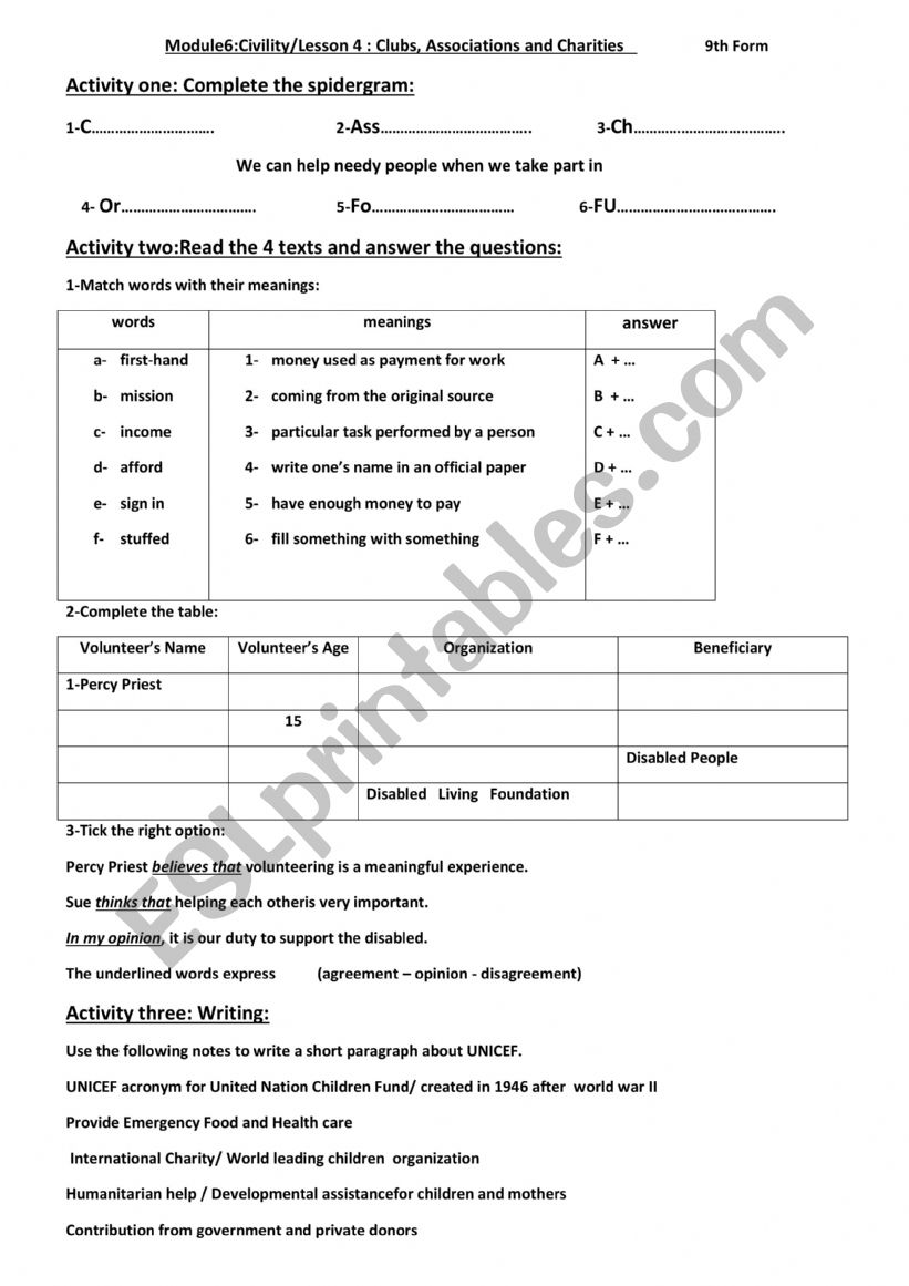 volunteering worksheet